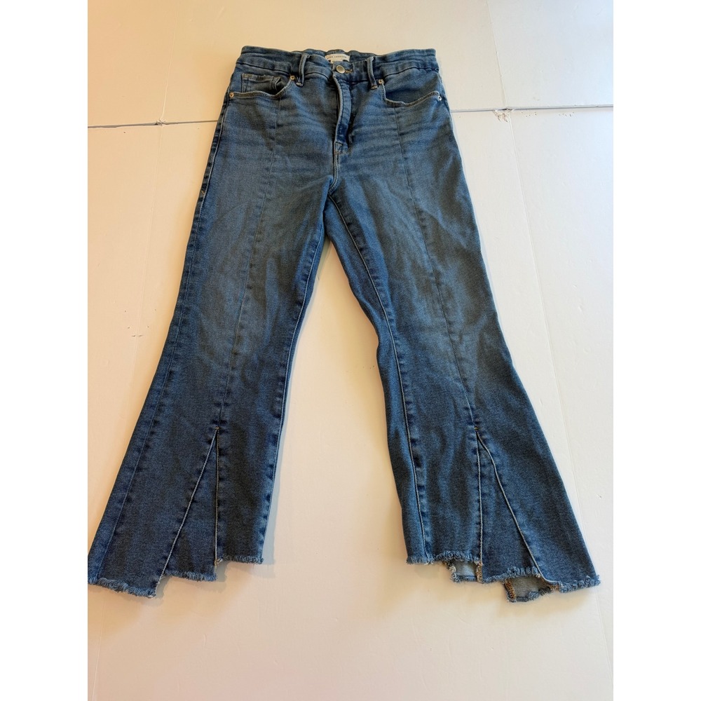 Good American Good Flare Split Hem Jeans Medium Wash Raw Edge Size 10/30